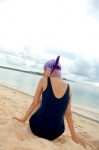 ayane_(doa) beach cosplay dead_or_alive headband ocean one-piece_swimsuit purple_hair school_swimsuit swimsuit tachibana_minami rating:Safe score:0 user:nil!
