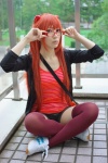 cosplay glasses hair_pods hair_ties looking_over_glasses neon_genesis_evangelion red_hair shorts soryu_asuka_langley thighhighs track_jacket tshirt twintails yaya rating:Safe score:2 user:pixymisa