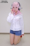 blouse cosplay headphones natsumi_(ii) nitro_super_sonic pantyhose pink_eyes pink_hair sheer_legwear shorts super_soniko rating:Safe score:2 user:pixymisa