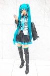 aqua_hair blouse boots cosplay detached_sleeves hatsune_miku headset microphone mineo_kana pantyhose pleated_skirt skirt thigh_boots thighhighs tie twintails vocaloid zettai_ryouiki rating:Safe score:1 user:pixymisa