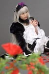 cosplay feathers kneehighs rose_petals roses rozen_maiden ruffles silver_hair suigintou suzukaze_yuuki rating:Safe score:0 user:nil!