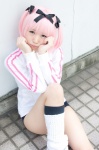 aisu bloomers cosplay hairbows hibari_(senran_kagura) kneesocks pantyhose pink_hair senran_kagura sheer_legwear track_jacket rating:Safe score:1 user:pixymisa