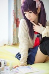 bed cardigan cosplay hairbows kousaka_yun kyou_no_asuka_show pleated_skirt purple_hair sailor_uniform sawada_mao school_uniform skirt thighhighs twintails zettai_ryouiki rating:Safe score:1 user:nil!
