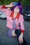 bakemonogatari blouse cosplay futsure pleated_skirt purple_hair senjougahara_hitagi skirt thighhighs tie zettai_ryouiki rating:Safe score:0 user:pixymisa