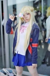 blonde_hair blouse cosplay hair_bun hoodie kin-iro_mosaic kujou_karen mamitan pleated_skirt school_uniform skirt rating:Safe score:0 user:nil!