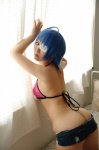 ahoge ass bed bikini_top blue_hair cosplay denim eyepatch ikkitousen kibashi open_clothes ryomou_shimei shorts swimsuit rating:Safe score:3 user:nil!