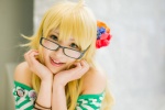 blonde_hair blouse cosplay flower glasses green_eyes hoshii_miki idolmaster looking_over_glasses necklace striped wristband yumeo rating:Safe score:0 user:pixymisa