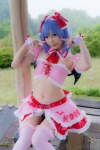blouse blue_hair bonnet bow cleavage cosplay croptop half_skirt_open_front lenfried remilia_scarlet tail_plug thighhighs touhou wings rating:Questionable score:2 user:nil!