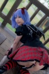ass blouse blue_hair bonnet bow cosplay croptop lenfried miniskirt remilia_scarlet skirt tail_plug thighhighs touhou wings rating:Questionable score:5 user:nil!