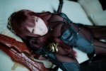 bed bodysuit bra cosplay fate/grand_order hairband panties purple_hair saku scathach_(fate/grand_order) shadow_queen spear rating:Safe score:0 user:nil!