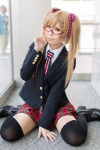 bechiko blazer blonde_hair blouse cosplay glasses green_eyes hair_ribbons looking_over_glasses nyotalia striped thighhighs tie tiered_skirt twintails united_kingdom zettai_ryouiki rating:Safe score:0 user:pixymisa