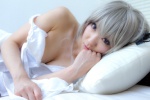 bed cleavage cosplay dress hair_ribbons jigoku_yuugi kasugano_sora silver_hair yosuga_no_sora rating:Safe score:3 user:nil!