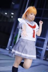 ahoge cosplay kneesocks love_live!_sunshine!! naru orange_hair pleated_skirt sailor_uniform school_uniform skirt takami_chika rating:Safe score:0 user:nil!