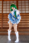 cosplay detached_sleeves green_hair kochiya_sanae lenfried miniskirt skirt skirt_lift socks touhou rating:Safe score:1 user:nil!