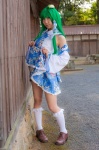 cosplay detached_sleeves green_hair kochiya_sanae lenfried miniskirt skirt skirt_lift socks touhou rating:Safe score:1 user:nil!