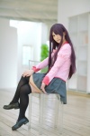 bakemonogatari blouse cosplay hina pleated_skirt purple_hair school_uniform senjougahara_hitagi skirt thighhighs zettai_ryouiki rating:Safe score:4 user:nil!
