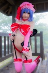 blue_hair bonnet bow corset cosplay detached_sleeves garter_straps lenfried monokini one-piece_swimsuit remilia_scarlet sling_bikini swimsuit thighhighs touhou wings rating:Safe score:2 user:nil!
