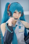 aqua_hair blouse cosplay detached_sleeves hatsune_miku headset rinami tie twintails vocaloid rating:Safe score:0 user:pixymisa