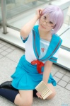 book cosplay glasses kneesocks nagato_yuki pantyhose pleated_skirt purple_hair ryo sailor_uniform school_uniform skirt suzumiya_haruhi_no_yuuutsu rating:Safe score:1 user:nil!