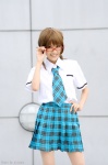 ahoge akizuki_ritsuko blouse chamaro cosplay glasses idolmaster pantyhose pleated_skirt school_uniform sheer_legwear skirt tie twintails rating:Safe score:0 user:nil!