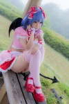 blouse blue_hair bonnet bow cosplay croptop half_skirt_open_front lenfried remilia_scarlet tail_plug thighhighs touhou wings rating:Questionable score:2 user:nil!