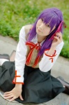 blouse cosplay fate/series fate/stay_night hazuki_minami kneesocks matou_sakura pleated_skirt purple_hair school_uniform skirt vest rating:Safe score:1 user:nil!