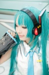 aqua_hair blouse cosplay detached_sleeves hatsune_miku headset nakko tie twintails vocaloid rating:Safe score:1 user:pixymisa