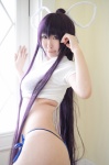 bikini cosplay croptop ikkitousen kanu_unchou kibashi ponytail purple_hair side-tie_bikini swimsuit tshirt rating:Safe score:4 user:nil!