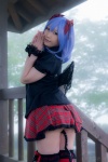 blouse blue_hair bonnet bow cosplay croptop lenfried miniskirt remilia_scarlet skirt tail_plug thighhighs touhou wings rating:Questionable score:3 user:nil!