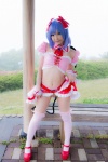 blouse blue_hair bonnet bow cosplay croptop half_skirt_open_front lenfried remilia_scarlet tail_plug thighhighs touhou wings rating:Questionable score:1 user:nil!
