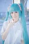 aqua_hair blouse cosplay hatsune_miku popuri school_uniform twintails vocaloid rating:Safe score:1 user:nil!