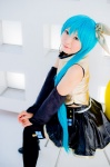 aqua_hair black_legwear cosplay croptop detached_sleeves hairbow hatsune_miku mashiro_yuki pleated_skirt ponytail project_diva skirt thighhighs vocaloid zettai_ryouiki rating:Safe score:0 user:nil!