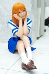 cosplay higurashi_no_naku_koro_ni orange_hair pleated_skirt rinami ryuuguu_rena sailor_uniform school_uniform skirt socks rating:Safe score:0 user:nil!