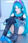 aqua_eyes aqua_hair asanagi_rin boots collar cosplay croptop detached_sleeves elbow_gloves gloves hair_ties hatsune_miku headphones thigh_boots thighhighs twintails vocaloid rating:Safe score:0 user:pixymisa