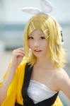 blonde_hair cosplay gekokujou_(vocaloid) hairbow headset kagamine_rin kimono miyu_(iii) open_clothes sarashi vocaloid rating:Safe score:1 user:nil!