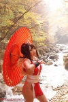 cosplay fan gauntlets hairbow kimono king_of_fighters kunoichi saku shiranui_mai umbrella wet rating:Safe score:1 user:nil!