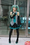 aqua_hair blouse cosplay detached_sleeves hatsune_miku headset maitako pleated_skirt skirt thighhighs tie twintails vocaloid rating:Safe score:0 user:nil!