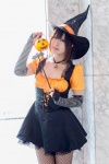 corset cosplay detached_sleeves dress fishnet_pantyhose narihara_riku necklace original pantyhose pumpkin wand witch witch_hat rating:Safe score:0 user:pixymisa