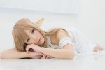 akitsu_honoka armbands asuna_(sao) blonde_hair bow cosplay elf_ears halter_top long_skirt skirt sword_art_online rating:Safe score:0 user:pixymisa