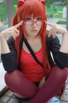 cosplay glasses hair_pods hair_ties looking_over_glasses neon_genesis_evangelion red_hair shorts soryu_asuka_langley thighhighs track_jacket tshirt twintails yaya rating:Safe score:1 user:pixymisa