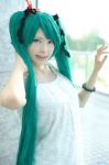 aqua_hair beng blouse cosplay hair_ribbons hatsune_miku twintails vocaloid world_is_mine_(vocaloid) rating:Safe score:0 user:nil!