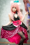 animal_ears black_legwear chain cleavage collar cosplay dress megurine_luka pantyhose pink_hair ravi skirt skirt_lift tail vocaloid rating:Safe score:0 user:pixymisa