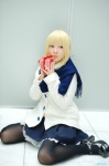 blonde_hair coat cosplay fate/series fate/stay_night maropapi pantyhose pleated_skirt saber scarf skirt rating:Safe score:3 user:nil!