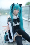 aqua_hair cosplay detached_sleeves dress hairbows hatsune_miku headset project_diva thighhighs twintails vocaloid yoppy zettai_ryouiki rating:Safe score:1 user:nil!