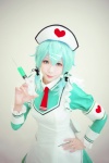 apron aqua_hair cosplay dress ely elysion hairband nurse nurse_uniform shinon_(sao) sword_art_online syringe rating:Safe score:0 user:nil!