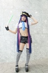 blue_eyes cosplay croptop electric_torch fingerless_gloves gloves kyounin_shimo multi-colored_hair panty_&_stocking_with_garterbelt police_hat shorts stocking_(psg) striped suspenders thighhighs tie twintails rating:Safe score:0 user:pixymisa