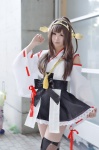 cosplay detached_sleeves hairband itsuki_akira kantai_collection kimono kongou_(kantai_collection) miko pleated_skirt skirt skirt_lift thighhighs zettai_ryouiki rating:Safe score:3 user:nil!