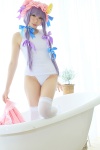 amatsuka_miyu bathroom bathtub cosplay glasses hat one-piece_swimsuit patchouli_knowledge purple_hair swimsuit thighhighs touhou rating:Safe score:1 user:nil!