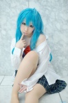 blouse blue_hair cosplay denpa_onna_to_seishun_otoko miiko open_clothes pantyhose pleated_skirt school_uniform skirt touwa_erio rating:Safe score:6 user:nil!