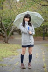 blouse braid cardigan kneesocks nanaka_amanonanae pleated_skirt rain scarf skirt umbrella rating:Safe score:0 user:pixymisa